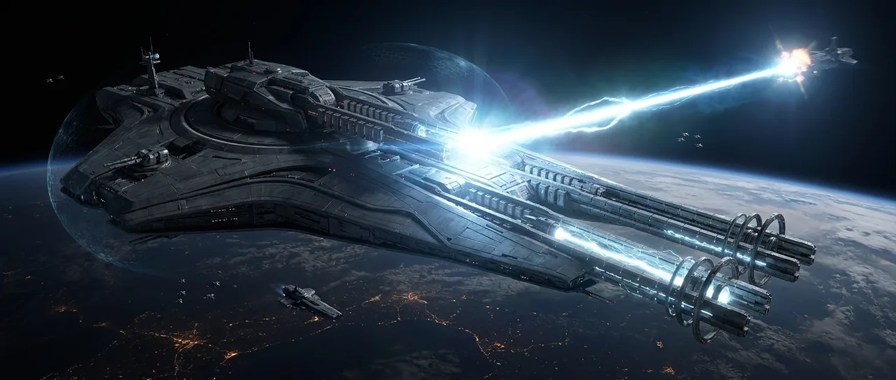 Aegis star fortress firing its spinal lance at a distant capital ship