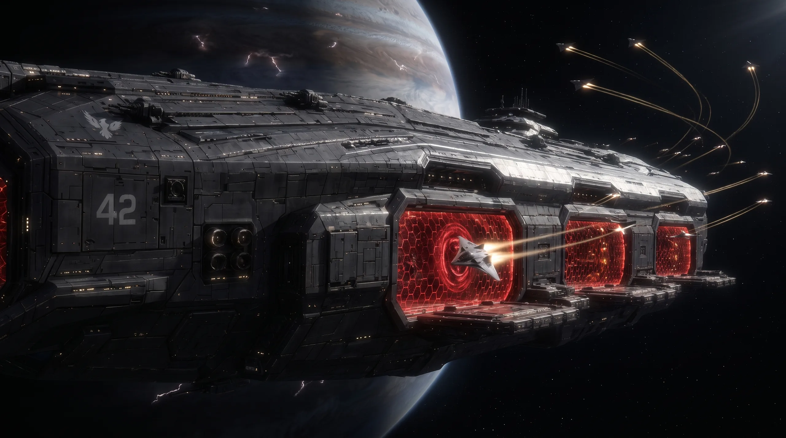 A carrier launching a fighter wing from its glowing hangar bays