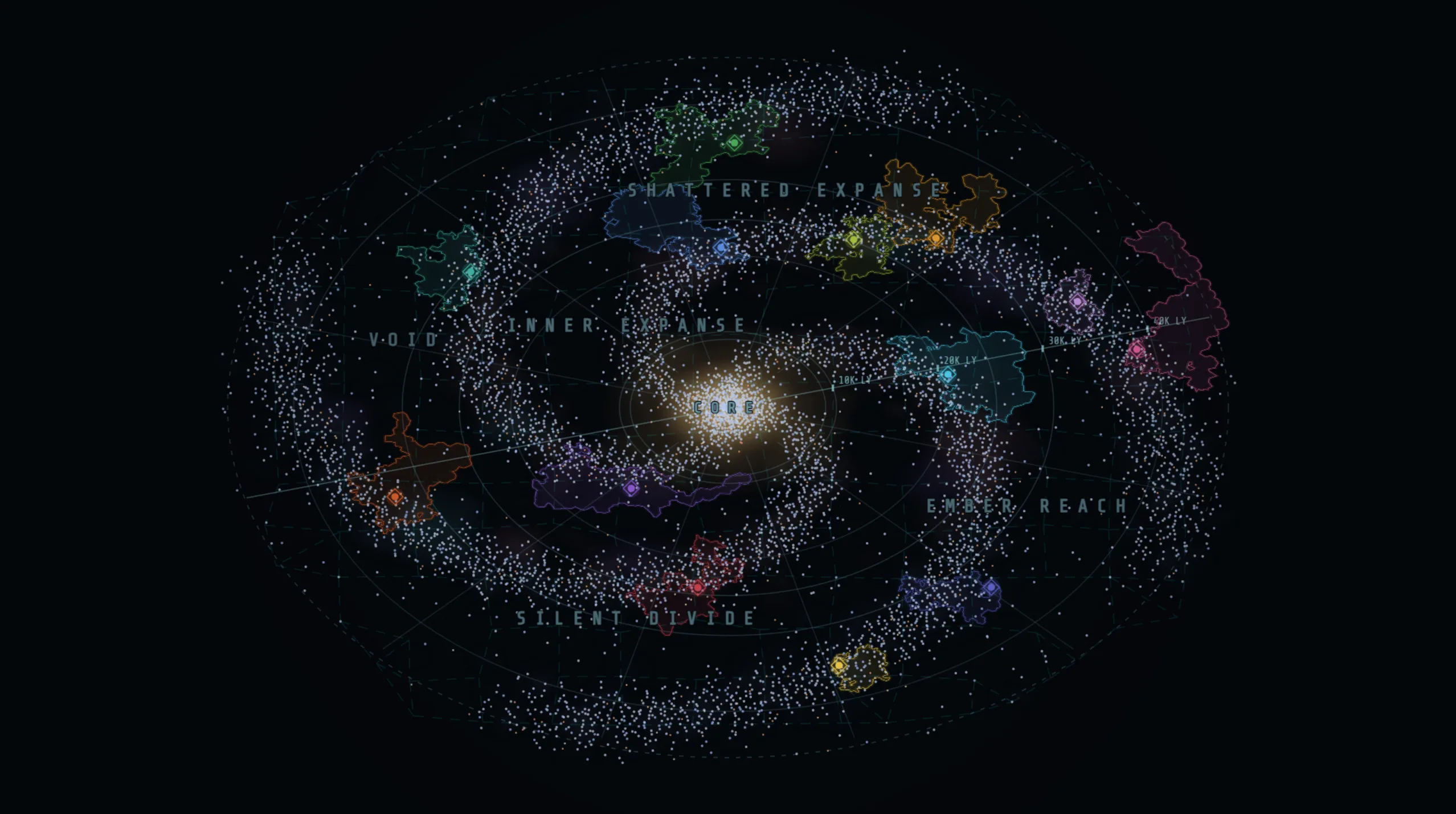 The game map pulled back to the whole spiral galaxy, with empire borders drawn and its six regions named