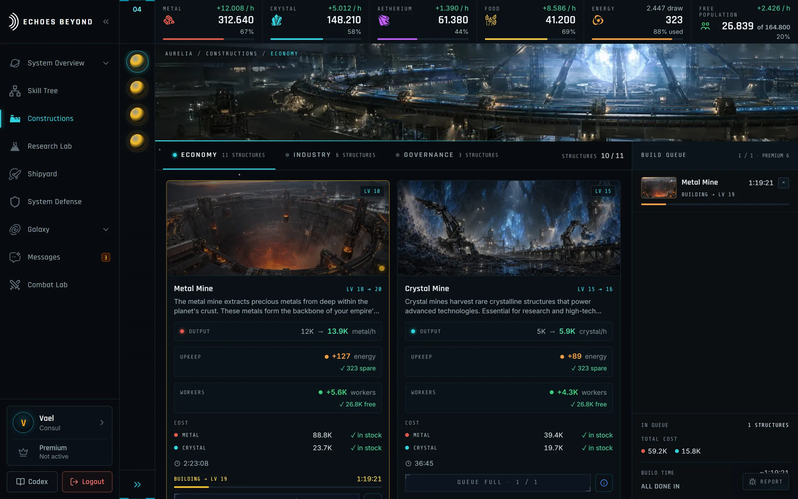 The Constructions screen: Metal Mine and Crystal Mine build cards with their output, upkeep, workers and cost, a Metal Mine upgrade counting down in the build queue, and the resource bar along the top