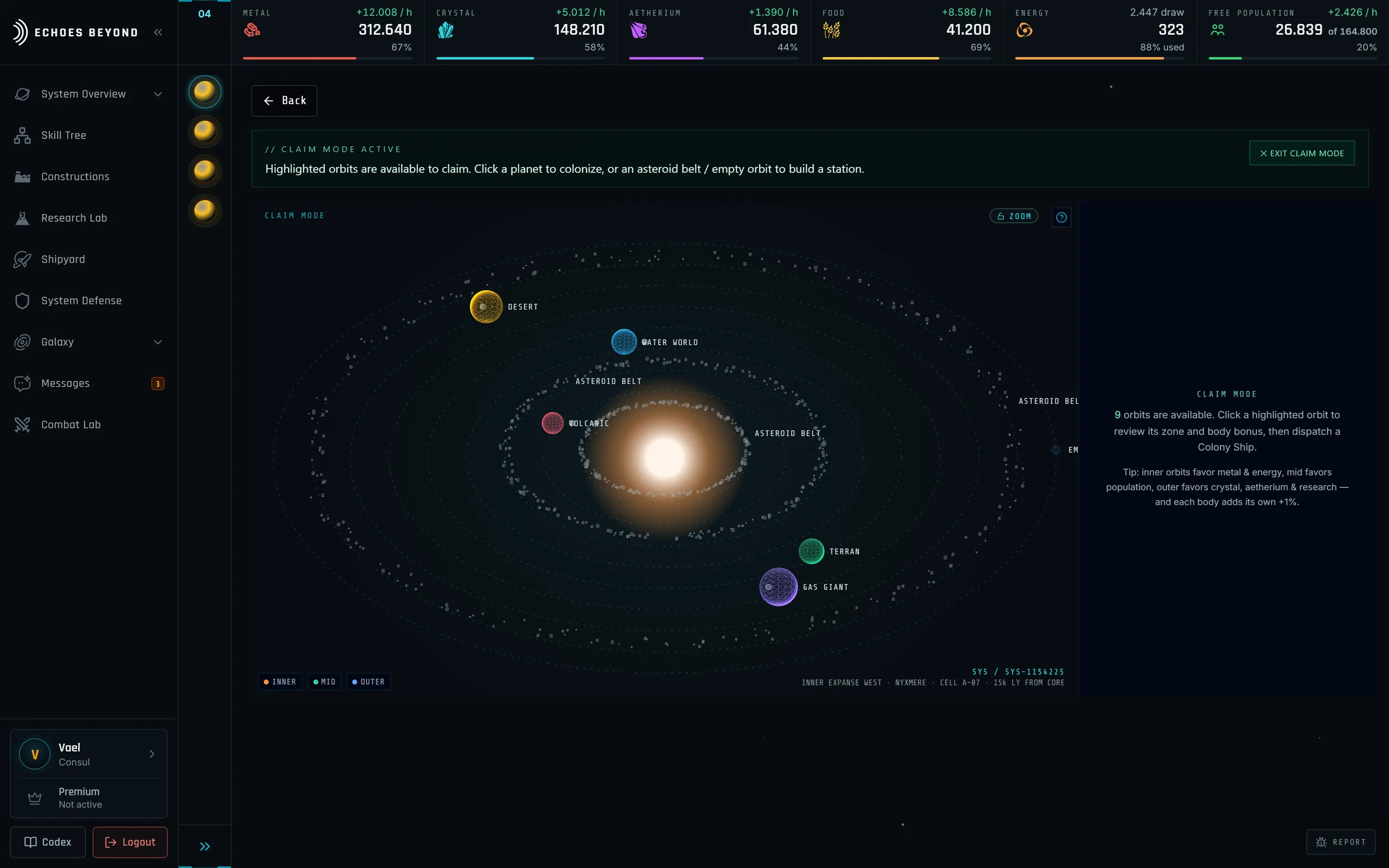 A surveyed star system in claim mode: desert, water, volcanic, terran and gas-giant worlds and asteroid belts on nine orbits, waiting for a colony ship