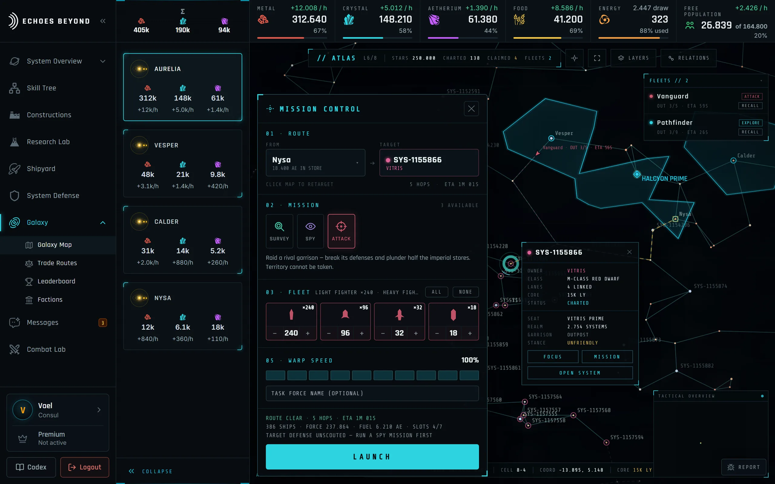 The galaxy map with Mission Control open: a strike group of fighters, corvettes and cruisers set to attack a VITRIS garrison five hyperlanes away, while another fleet is already on its way